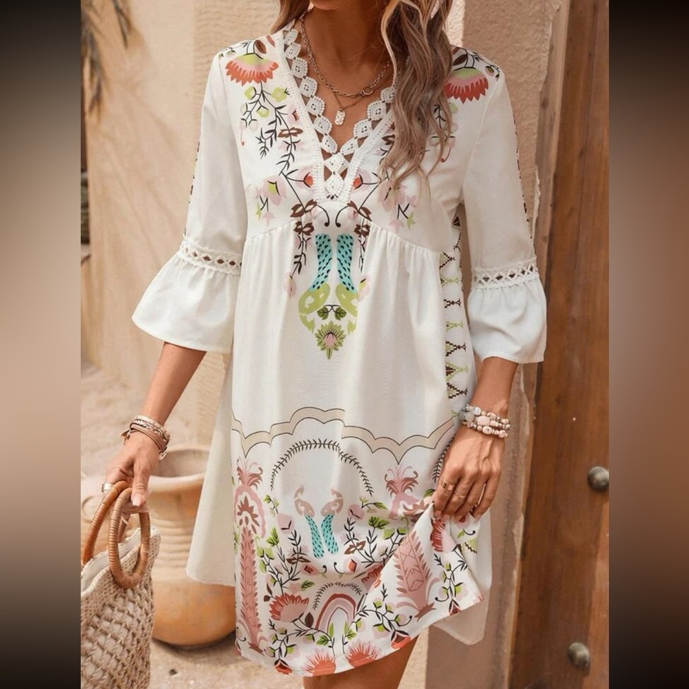 Boho Floral Print Guipure Crochet Lace Flounce Sleeve Dress - Picture 2 of 6
